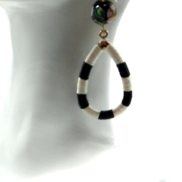 Black White Striped Hollow Waterdrop Faceted Ball Statement Earrings 2.75" - Picture 3 of 9